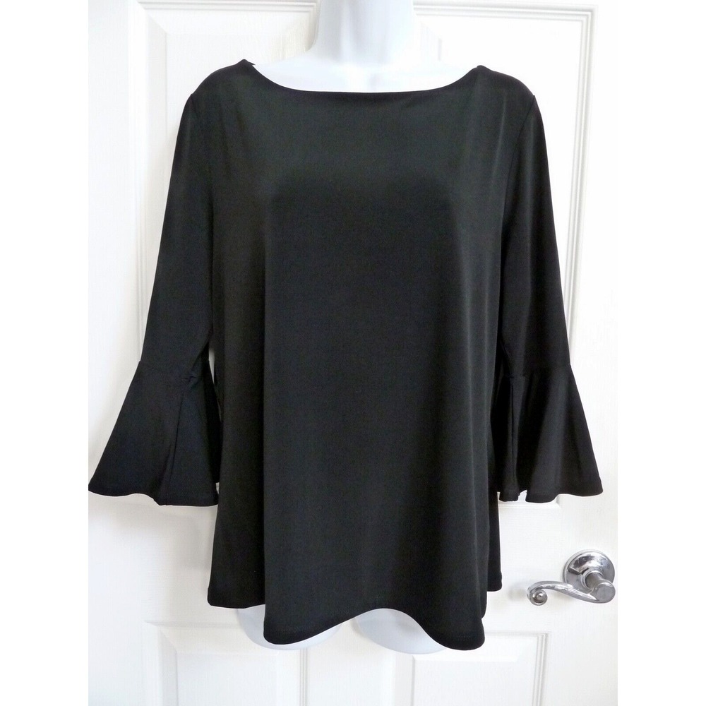 Philosophy Womens Black Ruffle 3/4 Sleeve Blouse Office Career Boat Neck Top L